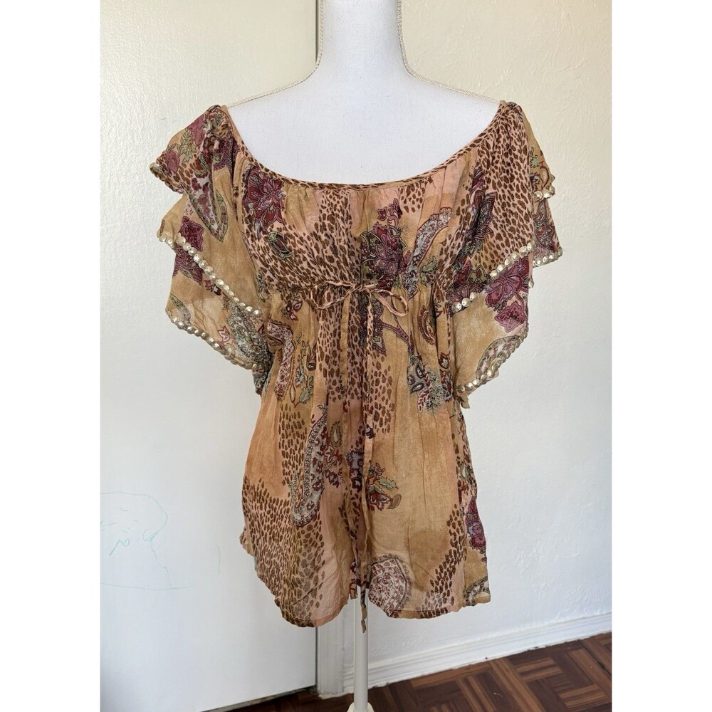 Chaudry KC Brown Tan & Purple Animal Print Paisley Top Size L Made In India